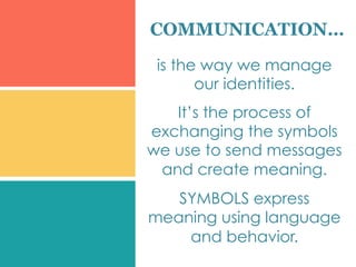 is the way we manage
our identities.
It’s the process of
exchanging the symbols
we use to send messages
and create meaning.
SYMBOLS express
meaning using language
and behavior.
COMMUNICATION…
 