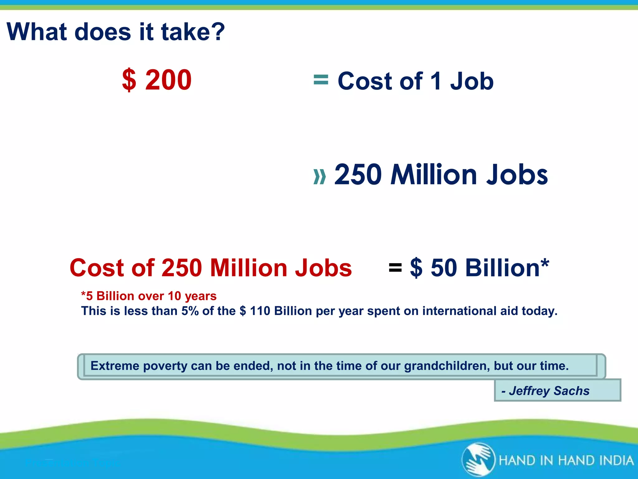 What does it take?

$ 200

= Cost of 1 Job
» 250 Million Jobs

Cost of 250 Million Jobs

= $ 50 Billion*

*5 Billion over 10 years
This is less than 5% of the $ 110 Billion per year spent on international aid today.

Extreme poverty can be ended, not in the time of our grandchildren, but our time.
- Jeffrey Sachs

Presentation Topic

 