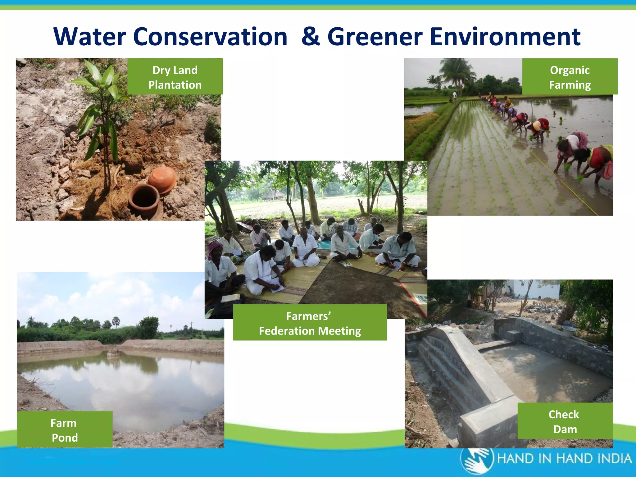 Water Conservation & Greener Environment
Dry Land
Plantation

Organic
Farming

Farmers’
Federation Meeting

Farm
Pond
Presentation Topic

Check
Dam

 
