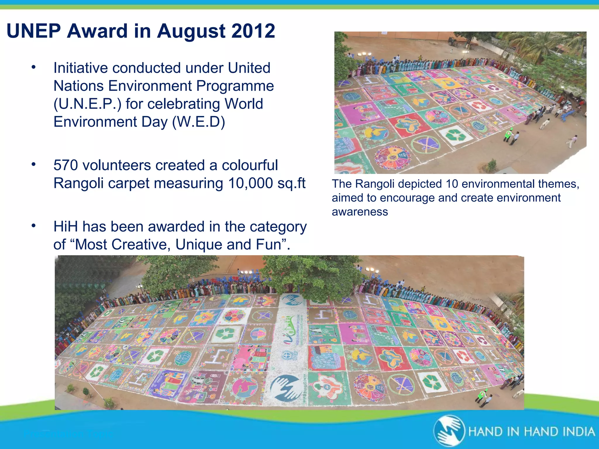 UNEP Award in August 2012
•

Initiative conducted under United
Nations Environment Programme
(U.N.E.P.) for celebrating World
Environment Day (W.E.D)

•

570 volunteers created a colourful
Rangoli carpet measuring 10,000 sq.ft

•

HiH has been awarded in the category
of “Most Creative, Unique and Fun”.

Presentation Topic

The Rangoli depicted 10 environmental themes,
aimed to encourage and create environment
awareness

 