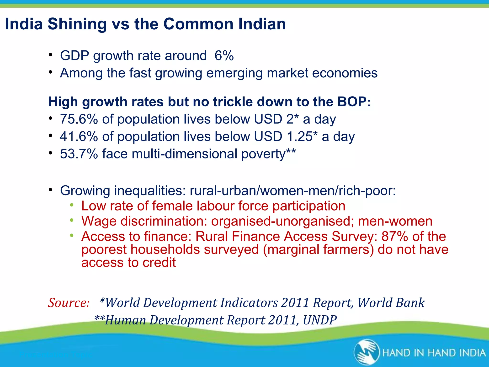 India Shining vs the Common Indian
• GDP growth rate around 6%
• Among the fast growing emerging market economies
High growth rates but no trickle down to the BOP:
• 75.6% of population lives below USD 2* a day
• 41.6% of population lives below USD 1.25* a day
• 53.7% face multi-dimensional poverty**
• Growing inequalities: rural-urban/women-men/rich-poor:
• Low rate of female labour force participation
• Wage discrimination: organised-unorganised; men-women
• Access to finance: Rural Finance Access Survey: 87% of the
poorest households surveyed (marginal farmers) do not have
access to credit
Source: *World Development Indicators 2011 Report, World Bank
**Human Development Report 2011, UNDP
Presentation Topic

 