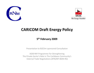 CARICOM Draft Energy Policy

               5th February 2009


   Presentation to BiZClim sponsored Consultation

        IADB-MIF Programme For Strengthening
The Private Sector’s Role In The Caribbean Community’s
    External Trade Negotiations (ATN/MT-8694-RG)
 