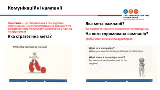 Комунікаційні кампанії
т
Кампанія – це спланована і послідовна
комунікація, з метою отримання значного та
вимірюваного результату, визначена у часі та
інструментах
Яка стратегічна мета?
Яка мета кампанії?
Ви прагнете змінити ставлення чи поведінку.
На кого спрямована кампанія?
Треба чітко визначити аудиторію.
 