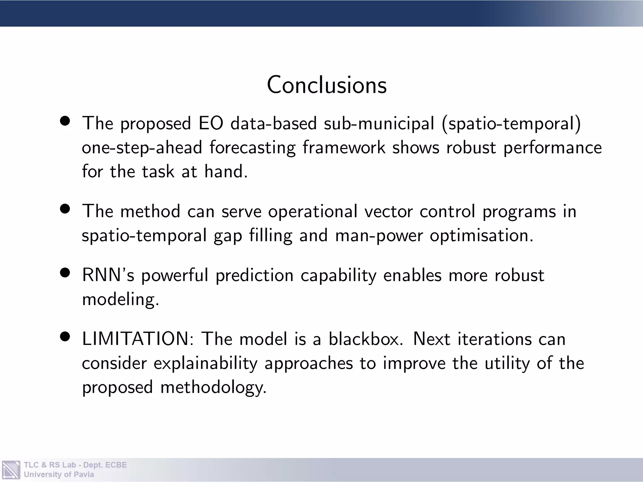 Vila Velha Serra
Model Year ⇒ 2017 2018 2017 2018
LSTM Training 0.2802 0.1407 0.1630 0.2652
Validation 0.3880 0.1998 0.1472 0.1817
Test 0.5767 0.3600 0.3984 0.3986
RF Training 0.1660 0.1300 0.1424 0.1743
Validation 0.8822 0.3920 0.3940 0.4709
Test 0.6348 0.4045 0.4502 0.5057
KNN Training 0.4237 0.3167 0.3067 0.3643
Validation 0.9755 0.5010 0.4165 0.6127
Test 0.6676 0.3869 0.4906 0.5000
Results: LSTM vs. RF vs. KNN
 