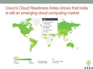 Cisco‟s Cloud Readiness Index shows that India
is still an emerging cloud computing market

 