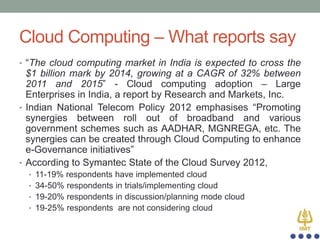 Cloud Computing – What reports say
• “The cloud computing market in India is expected to cross the

$1 billion mark by 2014, growing at a CAGR of 32% between
2011 and 2015” - Cloud computing adoption – Large
Enterprises in India, a report by Research and Markets, Inc.
• Indian National Telecom Policy 2012 emphasises “Promoting
synergies between roll out of broadband and various
government schemes such as AADHAR, MGNREGA, etc. The
synergies can be created through Cloud Computing to enhance
e-Governance initiatives”
• According to Symantec State of the Cloud Survey 2012,
• 11-19% respondents have implemented cloud
• 34-50% respondents in trials/implementing cloud
• 19-20% respondents in discussion/planning mode cloud
• 19-25% respondents are not considering cloud

 