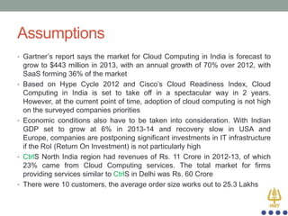 Assumptions
• Gartner‟s report says the market for Cloud Computing in India is forecast to

•

•

•

•

grow to $443 million in 2013, with an annual growth of 70% over 2012, with
SaaS forming 36% of the market
Based on Hype Cycle 2012 and Cisco‟s Cloud Readiness Index, Cloud
Computing in India is set to take off in a spectacular way in 2 years.
However, at the current point of time, adoption of cloud computing is not high
on the surveyed companies priorities
Economic conditions also have to be taken into consideration. With Indian
GDP set to grow at 6% in 2013-14 and recovery slow in USA and
Europe, companies are postponing significant investments in IT infrastructure
if the RoI (Return On Investment) is not particularly high
CtrlS North India region had revenues of Rs. 11 Crore in 2012-13, of which
23% came from Cloud Computing services. The total market for firms
providing services similar to CtrlS in Delhi was Rs. 60 Crore
There were 10 customers, the average order size works out to 25.3 Lakhs

 