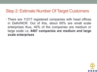 Step 2: Estimate Number Of Target Customers
• There are 11217 registered companies with head offices

in Delhi/NCR. Out of this, about 60% are small scale
enterprises thus, 40% of the companies are medium or
large scale i.e. 4487 companies are medium and large
scale enterprises

 