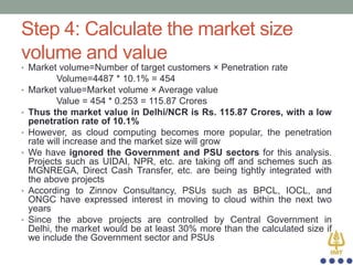 Step 4: Calculate the market size
volume and value
• Market volume=Number of target customers × Penetration rate

•
•
•

•

•

•

Volume=4487 * 10.1% = 454
Market value=Market volume × Average value
Value = 454 * 0.253 = 115.87 Crores
Thus the market value in Delhi/NCR is Rs. 115.87 Crores, with a low
penetration rate of 10.1%
However, as cloud computing becomes more popular, the penetration
rate will increase and the market size will grow
We have ignored the Government and PSU sectors for this analysis.
Projects such as UIDAI, NPR, etc. are taking off and schemes such as
MGNREGA, Direct Cash Transfer, etc. are being tightly integrated with
the above projects
According to Zinnov Consultancy, PSUs such as BPCL, IOCL, and
ONGC have expressed interest in moving to cloud within the next two
years
Since the above projects are controlled by Central Government in
Delhi, the market would be at least 30% more than the calculated size if
we include the Government sector and PSUs

 
