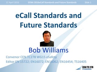Bob Williams
Convenor CEN TC278 WG15 eSafety
Editor EN 15722; EN16072; EN16062; EN16454; TS16405
eCall Standards and
Future Standards
EENA 2016eCall Standards and Future Standards Slide 112 April 2016
 