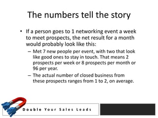 The numbers tell the story
• If a person goes to 1 networking event a week
  to meet prospects, the net result for a month
  would probably look like this:
   – Met 7 new people per event, with two that look
     like good ones to stay in touch. That means 2
     prospects per week or 8 prospects per month or
     96 per year.
   – The actual number of closed business from
     these prospects ranges from 1 to 2, on average.




 D o u b l e Yo u r S a l e s L e a d s
 