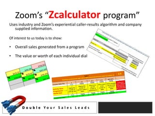 Zoom’s “Zcalculator program”
Uses industry and Zoom’s experiential caller-results algorithm and company
   supplied information.

Of interest to us today is to show:

• Overall sales generated from a program

• The value or worth of each individual dial




        D o u b l e Yo u r S a l e s L e a d s
 