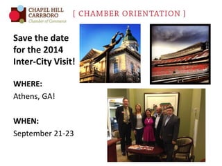 Save the date
for the 2014
Inter-City Visit!
WHERE:
Athens, GA!
WHEN:
September 21-23

 