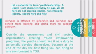 outline
backgrou
nd
Let us abolish the term ‘youth leadership’. A
leader is not characterized by his age. We all
here are ...