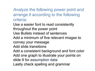 

    Analyze the following power point and
    arrange it according to the following
    criteria:
    Use a easier font to read consistently
    throughout the power point
    Use Bullets instead of sentences
    Add a minimum of five relevant images to
    convey your message
    Add slide transitions
    Add a consistent background and font color
    Add one graph to illustrate your points on
    slide 9 for assumption data
    Lastly check spelling and grammar
 
