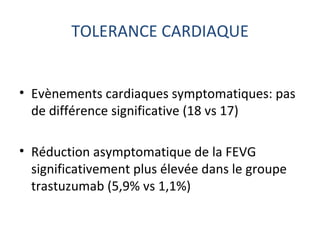 TOLERANCE CARDIAQUE


• Evènements cardiaques symptomatiques: pas
  de différence significative (18 vs 17)

• Réduction asymptomatique de la FEVG
  significativement plus élevée dans le groupe
  trastuzumab (5,9% vs 1,1%)
 