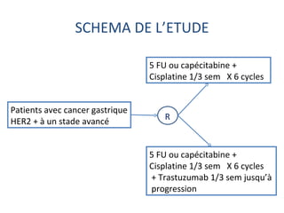 SCHEMA DE L’ETUDE

                                 5 FU ou capécitabine +
                                 Cisplatine 1/3 sem X 6 cycles


Patients avec cancer gastrique
HER2 + à un stade avancé            R



                                 5 FU ou capécitabine +
                                 Cisplatine 1/3 sem X 6 cycles
                                 + Trastuzumab 1/3 sem jusqu’à
                                 progression
 