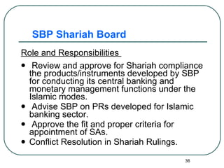 SBP Shariah Board Role and Responsibilities  Review and approve for Shariah compliance the products/instruments developed by SBP for conducting its central banking and monetary management functions under the Islamic modes. Advise SBP on PRs developed for Islamic banking sector. Approve the fit and proper criteria for appointment of SAs. Conflict Resolution in Shariah Rulings. 