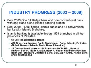 INDUSTRY PROGRESS (2003 – 2009) Sept 2003 One full fledge bank and one conventional bank with one stand alone Islamic banking branch Sep. 2009 -  6 full fledge Islamic banks and 13 conventional banks with Islamic Branches. Islamic banking is available through 551 branches in all four provinces of Pakistan. 6 Full-Fledged Islamic Banks 407 Branches (Meezan Bank, Bank Islami, Dubai Islamic, Emirates Global, Dawood Islamic Bank, Bank Albarakah) 13 Conventional banks – 144 Branches (MCB, HBL, Bank of Khyber, Soneri,  Bank Alfalah, Bank Al Habib, Habib Metropolitan Bank Ltd,  Standard Chartered Bank, UBL, ABN Amro, Askari Bank and Faysal Bank.)   