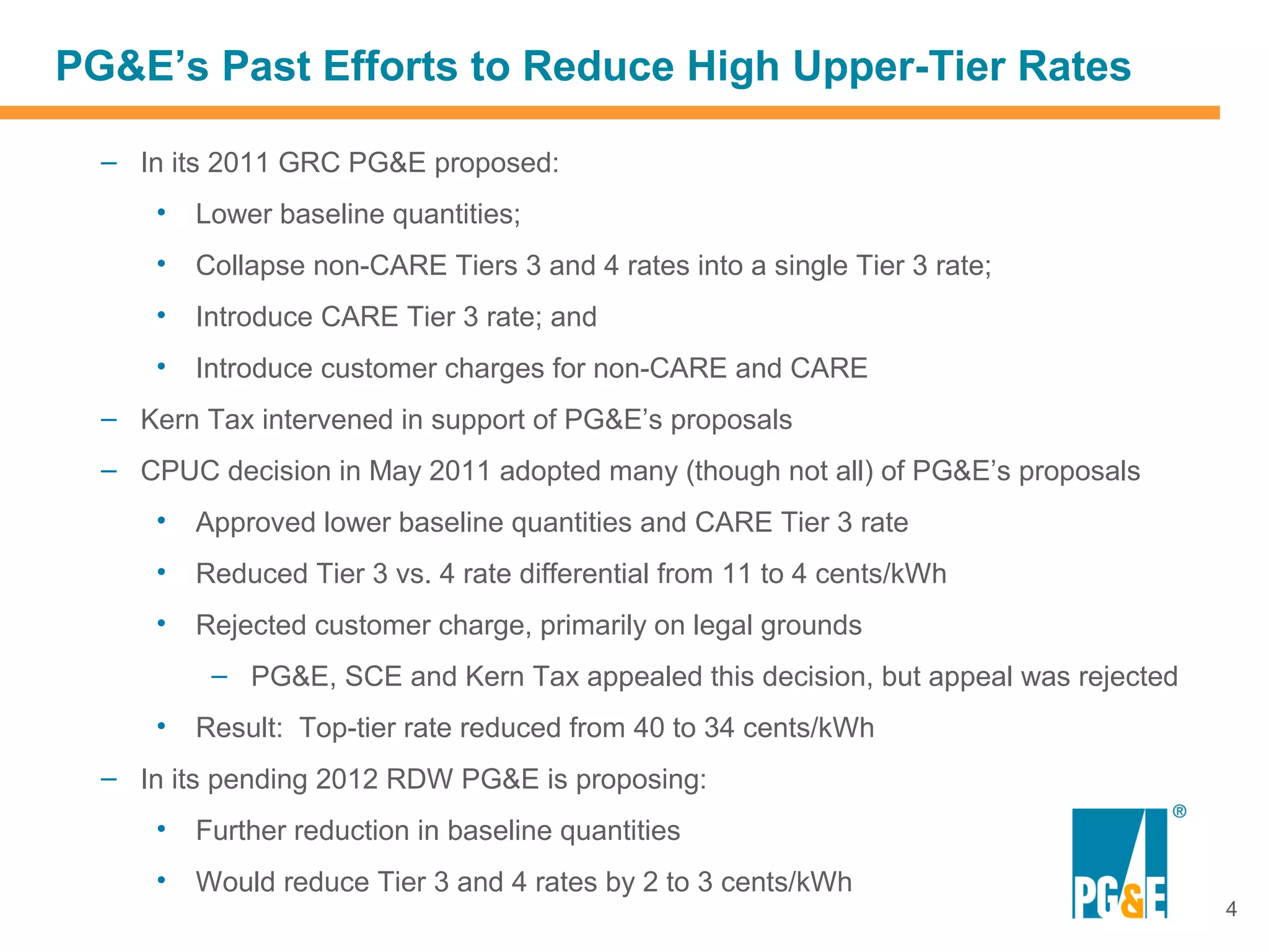 PG&E’s Past Efforts to Reduce High Upper-Tier Rates

  – In its 2011 GRC PG&E proposed:
      •   Lower baseline quantities;
      •   Collapse non-CARE Tiers 3 and 4 rates into a single Tier 3 rate;
      •   Introduce CARE Tier 3 rate; and
      •   Introduce customer charges for non-CARE and CARE
  – Kern Tax intervened in support of PG&E’s proposals
  – CPUC decision in May 2011 adopted many (though not all) of PG&E’s proposals
      •   Approved lower baseline quantities and CARE Tier 3 rate
      •   Reduced Tier 3 vs. 4 rate differential from 11 to 4 cents/kWh
      •   Rejected customer charge, primarily on legal grounds
           – PG&E, SCE and Kern Tax appealed this decision, but appeal was rejected
      •   Result: Top-tier rate reduced from 40 to 34 cents/kWh
  – In its pending 2012 RDW PG&E is proposing:
      •   Further reduction in baseline quantities
      •   Would reduce Tier 3 and 4 rates by 2 to 3 cents/kWh
                                                                                      4
 