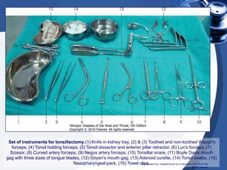 Set of instruments for tonsillectomy.(1) Knife in kidney tray, (2) & (3) Toothed and non-toothed Waugh's
   forceps, (4) Tonsil holding forceps, (5) Tonsil dissector and anterior pillar retractor, (6) Luc's forceps, (7)
  Scissor, (8) Curved artery forceps, (9) Negus artery forceps, (10) Tonsillar snare, (11) Boyle Davis mouth
gag with three sizes of tongue blades, (12) Doyen's mouth gag, (13) Adenoid curette, (14) Tonsil swabs, (15)
                                    Nasopharyngeal pack, (16) Towel clips. from: StudentConsult (on 6 December 2012 06:54 PM)
                                                                          Downloaded
                                                                                                              © 2005 Elsevier
 