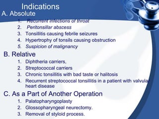 Indications
A. Absolute
     1. Recurrent infections of throat
     2. Peritonsillar abscess
     3. Tonsillitis causing febrile seizures
     4. Hypertrophy of tonsils causing obstruction
     5. Suspicion of malignancy
B. Relative
     1.   Diphtheria carriers,
     2.   Streptococcal carriers
     3.   Chronic tonsillitis with bad taste or halitosis
     4.   Recurrent streptococcal tonsillitis in a patient with valvular
          heart disease
C. As a Part of Another Operation
     1. Palatopharyngoplasty
     2. Glossopharyngeal neurectomy.
     3. Removal of styloid process.
 