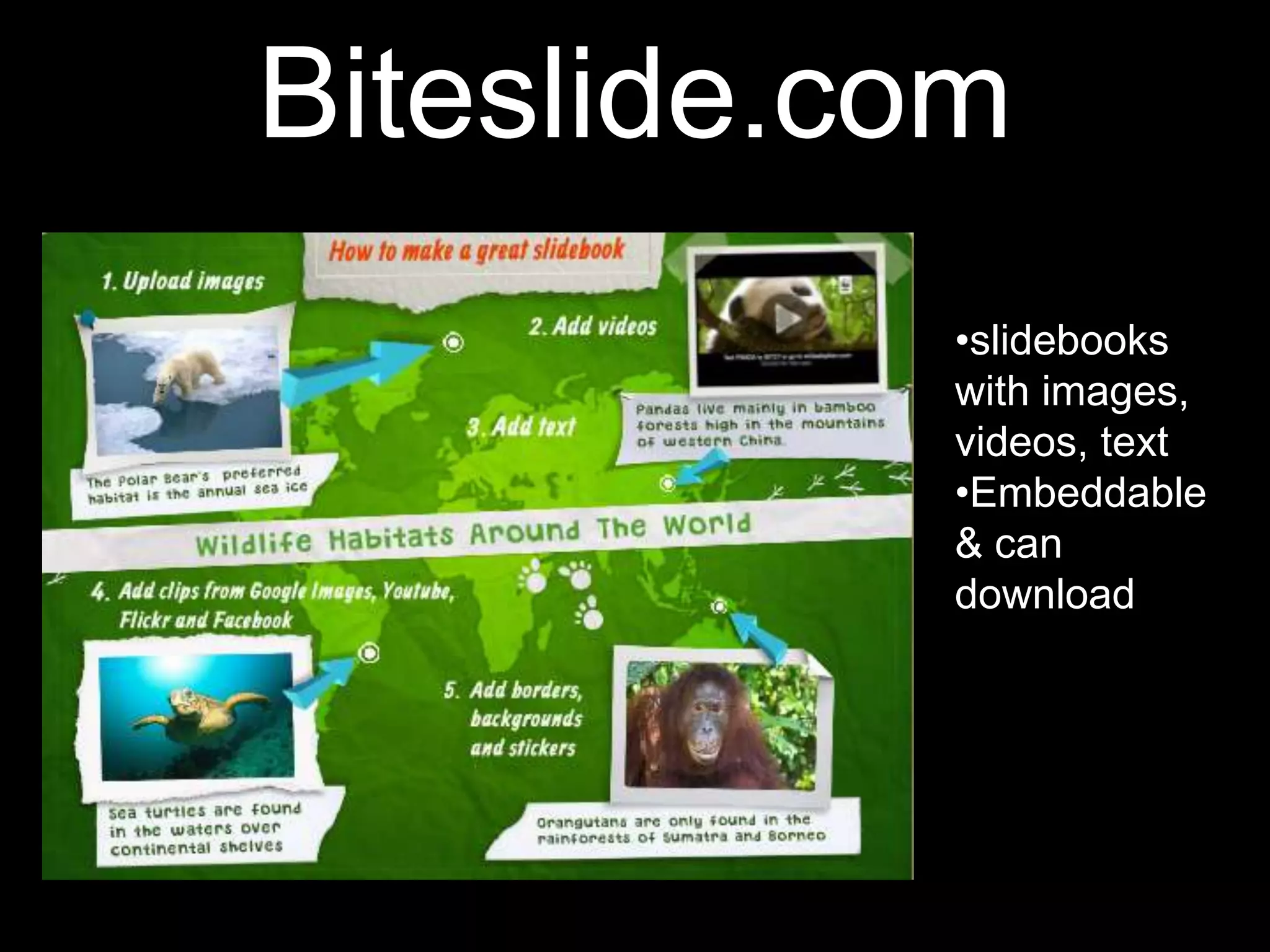 Biteslide.com
            •slidebooks
            with images,
            videos, text
            •Embeddable
            & can
            download
 