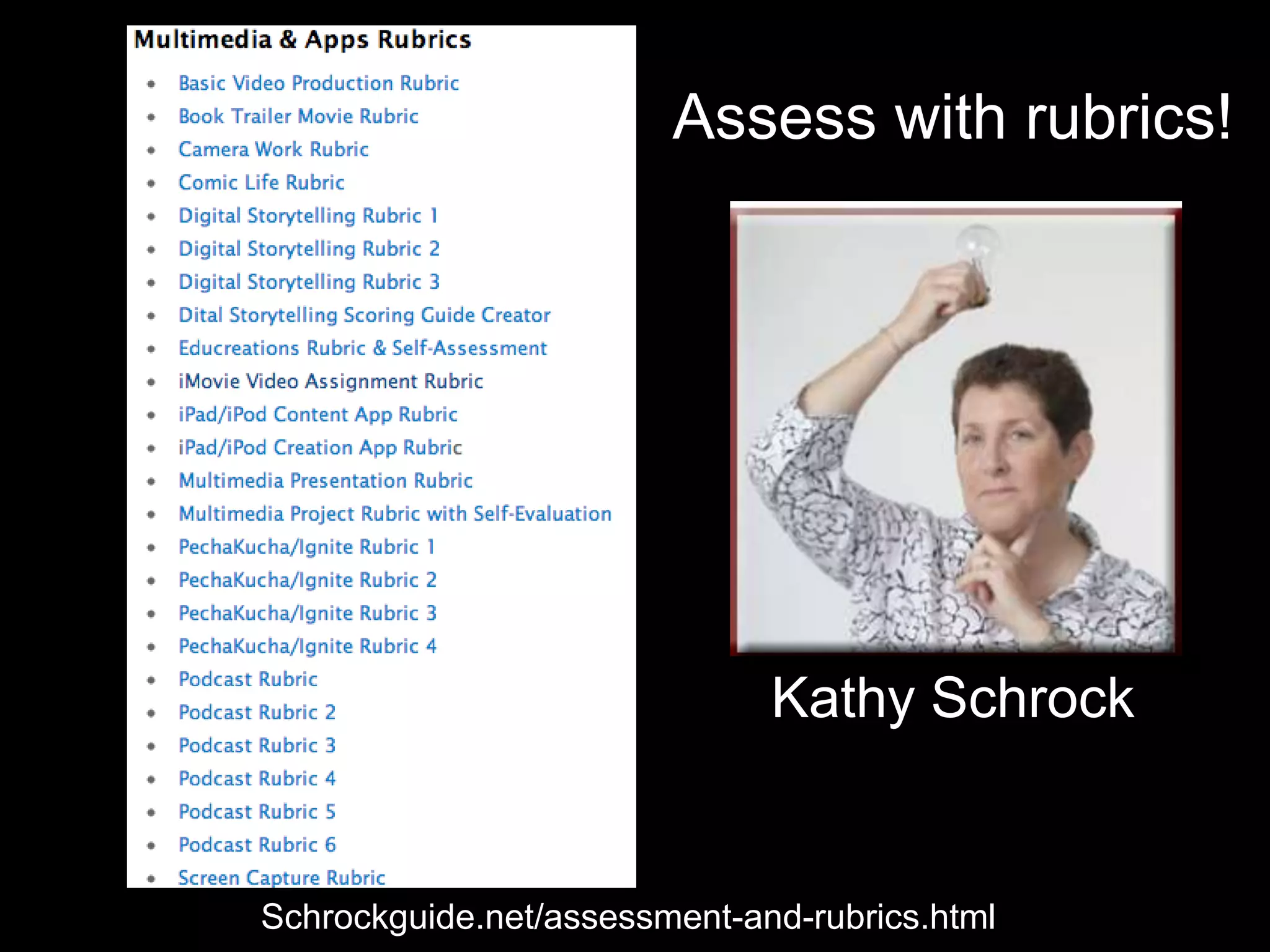 Assess with rubrics!




                              Kathy Schrock


Schrockguide.net/assessment-and-rubrics.html
 