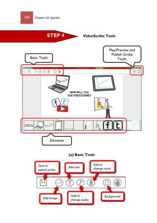 143 Chapter 10: Sparkol
VideoScribe Tools
(a) Basic Tools
STEP 4
Basic Tools
Play/Preview and
Publish Scribe
Tools.
Elements
 