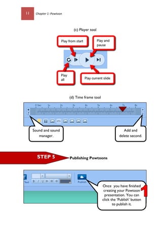 11 Chapter 1: Powtoon
(c) Player tool
(d) Time frame tool
Publishing Powtoons
Add and
delete second.
Sound and sound
manager.
STEP 5
Once you have finished
creating your Powtoon
presentation. You can
click the ‘Publish’ button
to publish it.
 