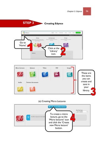 Chapter 5: Edynco 56
Creating Edynco
(a) Creating Micro Lectures
Click at the
‘Library’
icon.
STEP 3
These are
the items
you can
create and
save in
your
library.
To create a micro
lecture, go to the
‘Micro lectures’ icon
and click the ‘Create
new Micro lecture’
button.
Go to
‘Home’.
 
