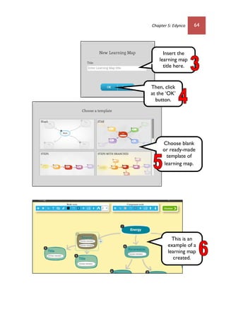 Chapter 5: Edynco 64
Insert the
learning map
title here.
Then, click
at the ‘OK’
button.
Choose blank
or ready-made
template of
learning map.
This is an
example of a
learning map
created.
 