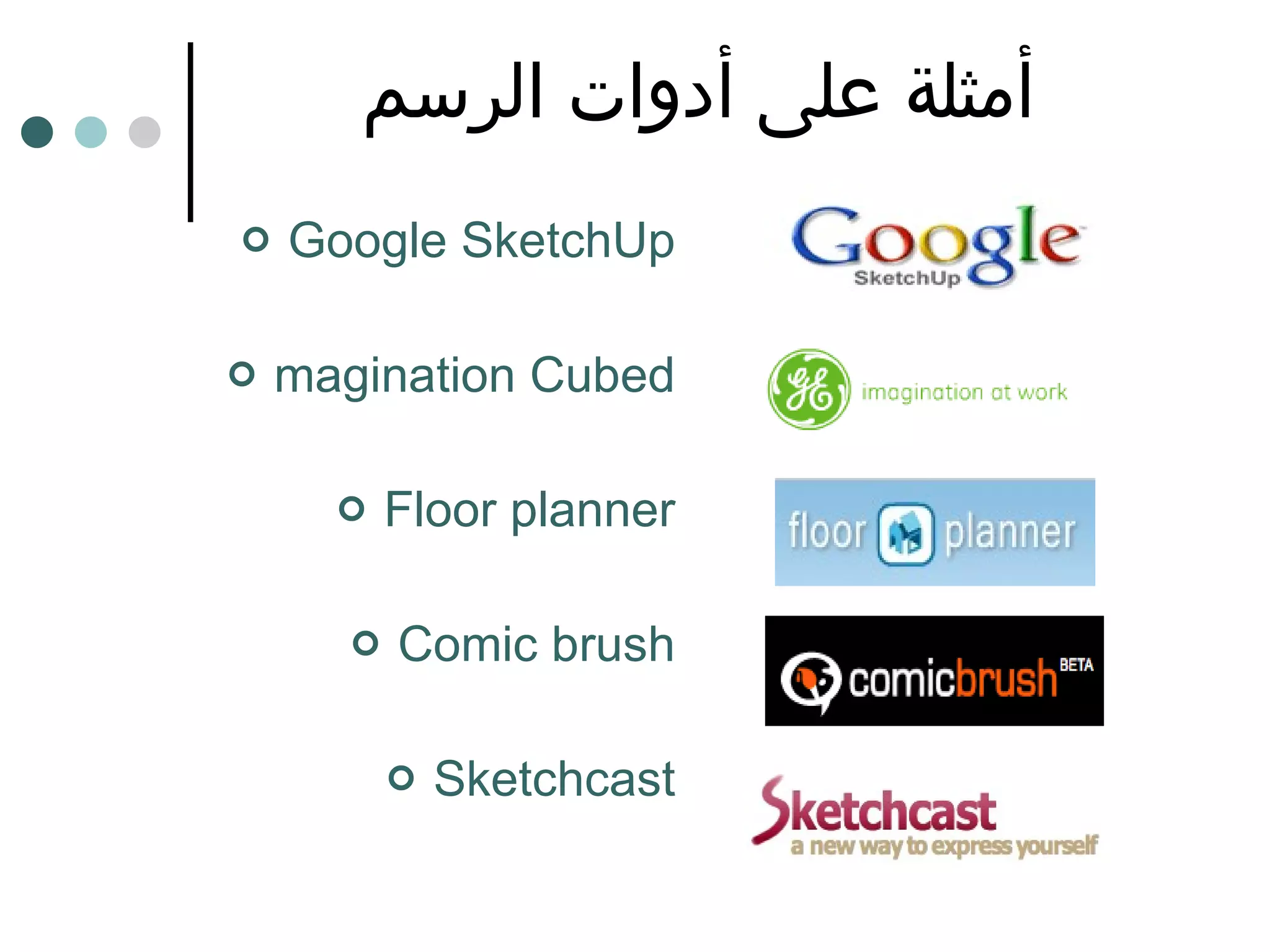 أمثلة على أدوات الرسم Google SketchUp magination Cubed Floor planner Comic brush Sketchcast 