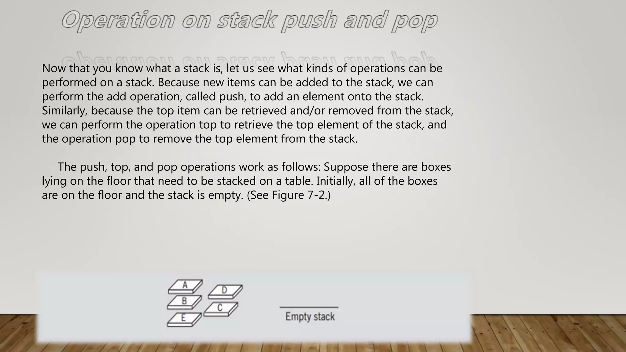Now that you know what a stack is, let us see what kinds of operations can be
performed on a stack. Because new items can be added to the stack, we can
perform the add operation, called push, to add an element onto the stack.
Similarly, because the top item can be retrieved and/or removed from the stack,
we can perform the operation top to retrieve the top element of the stack, and
the operation pop to remove the top element from the stack.
The push, top, and pop operations work as follows: Suppose there are boxes
lying on the floor that need to be stacked on a table. Initially, all of the boxes
are on the floor and the stack is empty. (See Figure 7-2.)
 