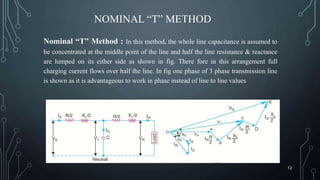 NOMINAL “T” METHOD
Nominal “T” Method : In this method, the whole line capacitance is assumed to
be concentrated at the middle point of the line and half the line resistance & reactance
are lumped on its either side as shown in fig. There fore in this arrangement full
charging current flows over half the line. In fig one phase of 3 phase transmission line
is shown as it is advantageous to work in phase instead of line to line values
12
 