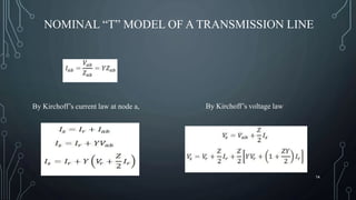 NOMINAL “T” MODEL OF A TRANSMISSION LINE
By Kirchoff’s current law at node a, By Kirchoff’s voltage law
14
 