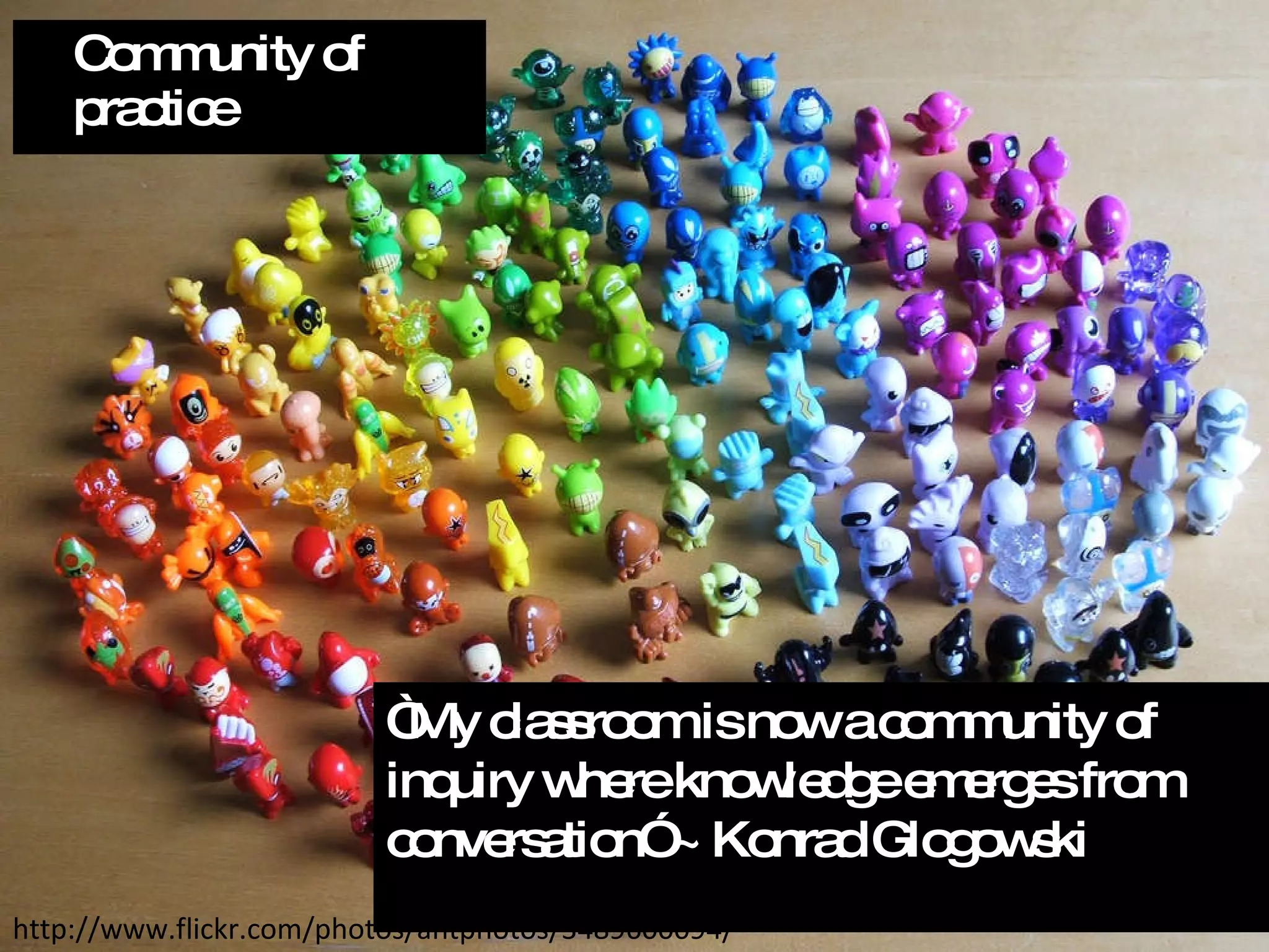 Community of practice http://www.flickr.com/photos/antphotos/3489600094/ “ My classroom is now a community of inquiry where knowledge emerges from conversation” ~ Konrad Glogowski 