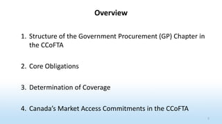 1. Structure of the Government Procurement (GP) Chapter in
the CCoFTA
2. Core Obligations
3. Determination of Coverage
4. Canada’s Market Access Commitments in the CCoFTA
2
Overview
 