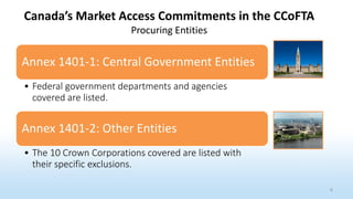 Annex 1401-1: Central Government Entities
• Federal government departments and agencies
covered are listed.
Annex 1401-2: Other Entities
• The 10 Crown Corporations covered are listed with
their specific exclusions.
Canada’s Market Access Commitments in the CCoFTA
Procuring Entities
6
 