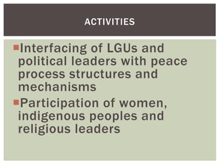 Interfacing of LGUs and
political leaders with peace
process structures and
mechanisms
Participation of women,
indigenous peoples and
religious leaders
ACTIVITIES
 