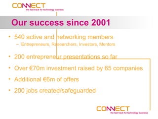 Our success since 2001
• 540 active and networking members
  – Entrepreneurs, Researchers, Investors, Mentors

• 200 entrepreneur presentations so far
• Over €70m investment raised by 65 companies
• Additional €6m of offers
• 200 jobs created/safeguarded
 
