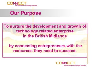 Our Purpose

To nurture the development and growth of
      technology related enterprise
         in the British Midlands

  by connecting entrepreneurs with the
    resources they need to succeed.
 