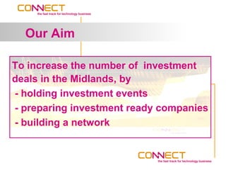 Our Aim

To increase the number of investment
deals in the Midlands, by
- holding investment events
- preparing investment ready companies
- building a network
 
