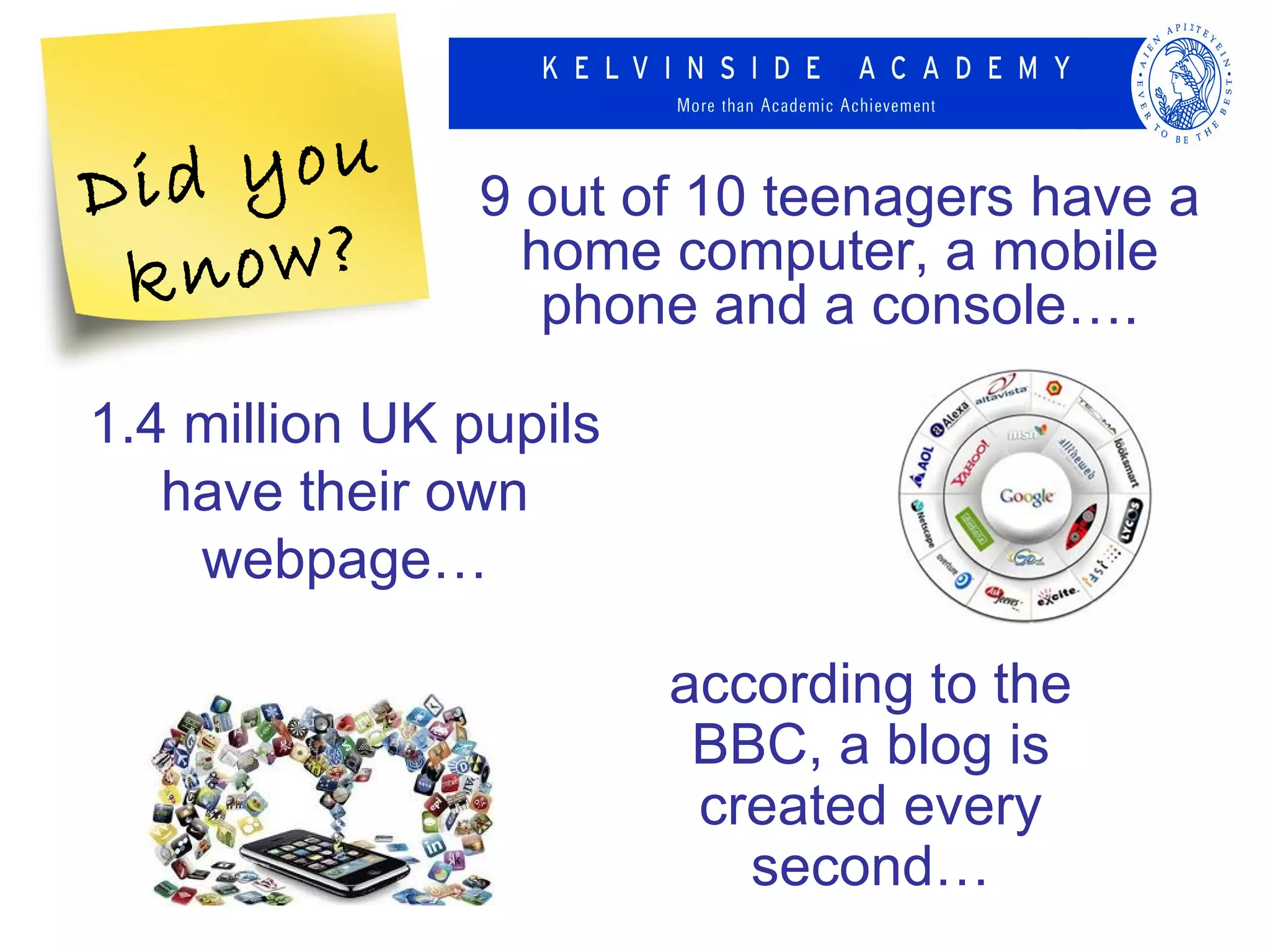 Di d you        9 out of 10 teenagers have a
 k now?           home computer, a mobile
                   phone and a console….

1.4 million UK pupils
   have their own
    webpage…

                        according to the
                         BBC, a blog is
                         created every
                           second…
 