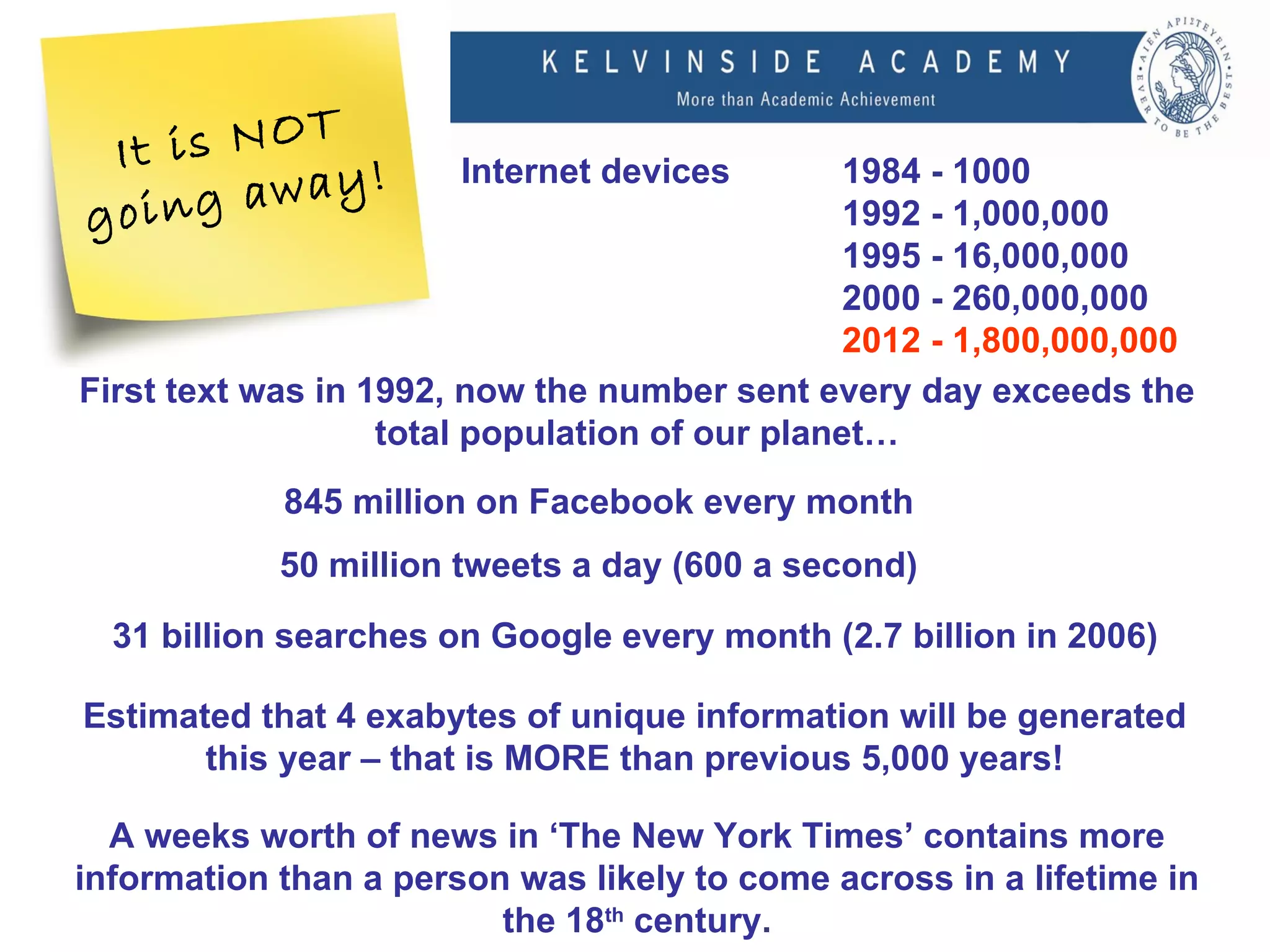 It is NOT
       away!
                       Internet devices         1984 - 1000
going                                           1992 - 1,000,000
                                                1995 - 16,000,000
                                                2000 - 260,000,000
                                                2012 - 1,800,000,000
First text was in 1992, now the number sent every day exceeds the
                   total population of our planet…
            845 million on Facebook every month
            50 million tweets a day (600 a second)

  31 billion searches on Google every month (2.7 billion in 2006)

Estimated that 4 exabytes of unique information will be generated
       this year – that is MORE than previous 5,000 years!

  A weeks worth of news in ‘The New York Times’ contains more
information than a person was likely to come across in a lifetime in
                         the 18th century.
 