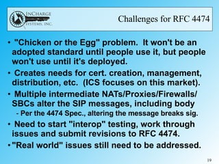 Challenges for RFC 4474 "Chicken or the Egg" problem.  It won't be an adopted standard until people use it, but people won't use until it's deployed. Creates needs for cert. creation, management, distribution, etc.  (ICS focuses on this market). Multiple intermediate NATs/Proxies/Firewalls/ SBCs alter the SIP messages, including body Per the 4474 Spec., altering the message breaks sig. Need to start "interop" testing, work through issues and submit revisions to RFC 4474. "Real world" issues still need to be addressed. 