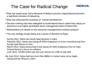 The Case for Radical Change
• Elop has swept away many elements of Nokia’s previous organisational structure -
 a significant process of delayering
• Elop has refocused the business on market development
• Decision-making has been delegated to local/national teams rather than relying on
 decisions by an highly centralised senior management team (Finland HQ)
• Stakeholders are clearer on the executive managements incentive program
• The new strategy brings clarity and a sense of direction to Nokia
 During 2012, Nokia has faced rapid declines in sales
 February 2012, Nokia was laying off 4000 employees to move manufacturing
 from Europe and Mexico to Asia
 March 2012, Nokia anonunced it was laying off 1000 employess from its Salo,
 Finland factory to focus on software
 June 2012: 10,000 further job Job cuts amount to a fifth of aall staff
By June 2012, Nokia had lost more than $88bn in market value since Apple
 introduced the iPhone in 2007
 