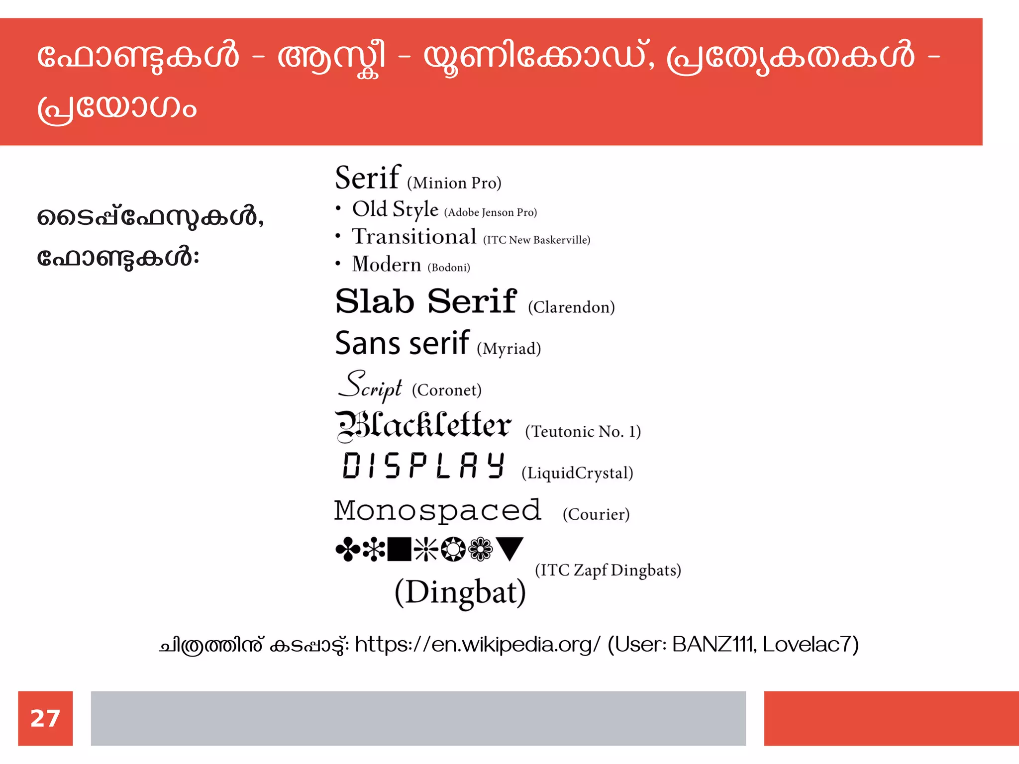 27
ഫോണ്ടുകള്‍ - ആസ്കീ - യൂണിക്കോഡ്, പ്രത്യേകതകള്‍ -
പ്രയോഗം
ടൈപ്പ്‌ഫേസുകള്‍,
ഫോണ്ടുകള്‍:
ചിത്രത്തിനു് കടപ്പാടു്: https://en.wikipedia.org/ (User: BANZ111, Lovelac7)
 