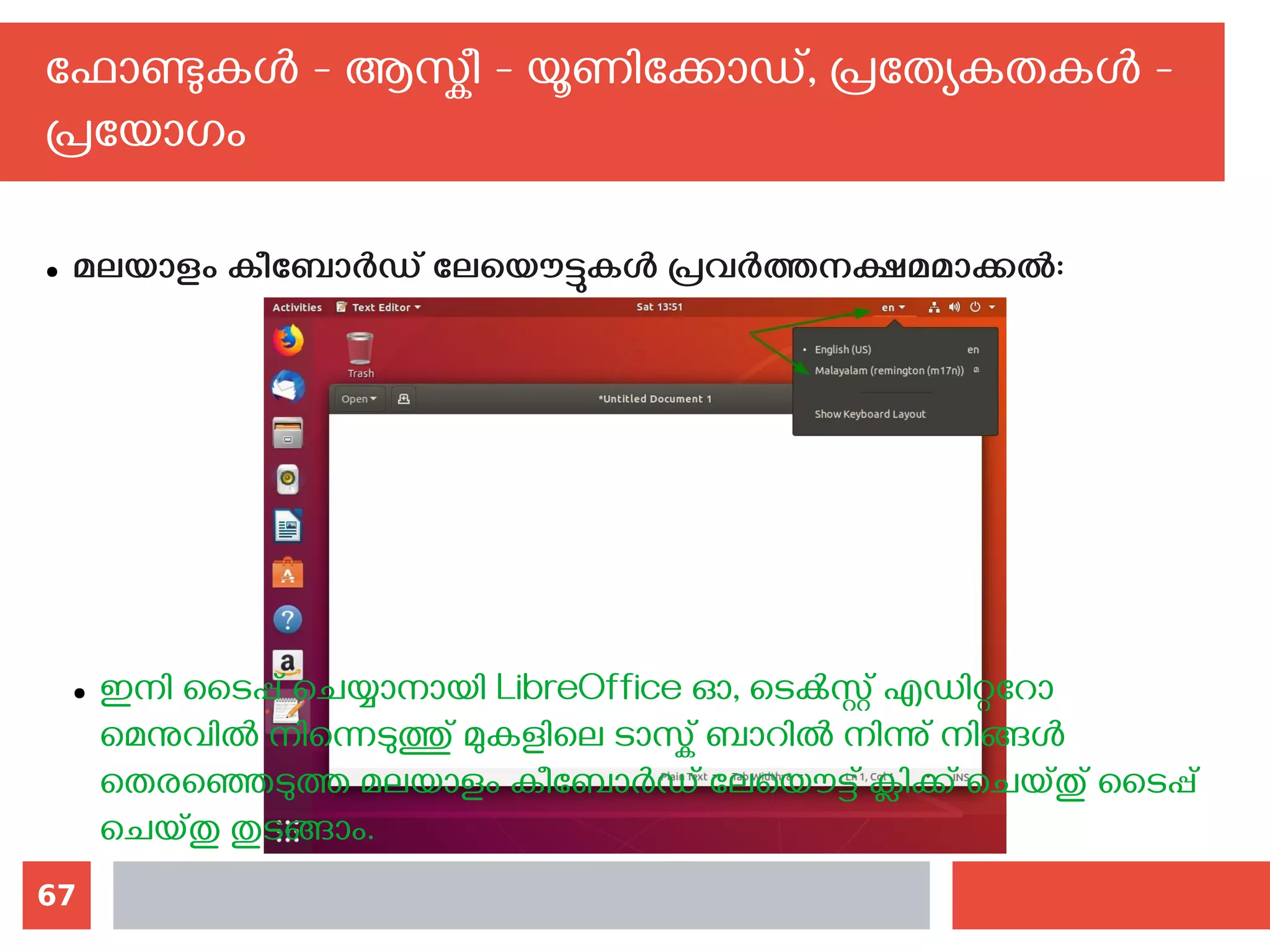 67
ഫോണ്ടുകള്‍ - ആസ്കീ - യൂണിക്കോഡ്, പ്രത്യേകതകള്‍ -
പ്രയോഗം
● മലയാളം കീബോര്‍ഡ് ലേയൌട്ടുകള്‍ പ്രവര്‍ത്തനക്ഷമമാക്കല്‍:
● ഇനി ടൈപ്പ് ചെയ്യാനായി LibreOffice ഓ, ടെക്‍സ്റ്റ് എഡിറ്ററോ
മെനുവില്‍ നിന്നെടുത്തു് മുകളിലെ ടാസ്ക് ബാറില്‍ നിന്നു് നിങ്ങള്‍
തെരഞ്ഞെടുത്ത മലയാളം കീബോര്‍ഡ് ലേയൌട്ട് ക്ലിക്ക് ചെയ്തു് ടൈപ്പ്
ചെയ്തു തുടങ്ങാം.
 