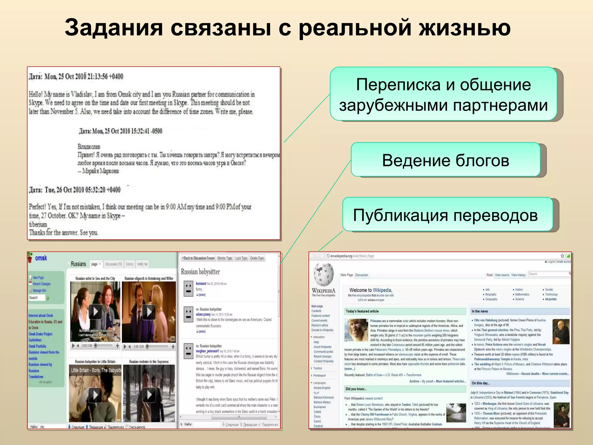 Задания связаны с реальной жизнью Переписка и общение зарубежными партнерами Публикация переводов  Ведение блогов 